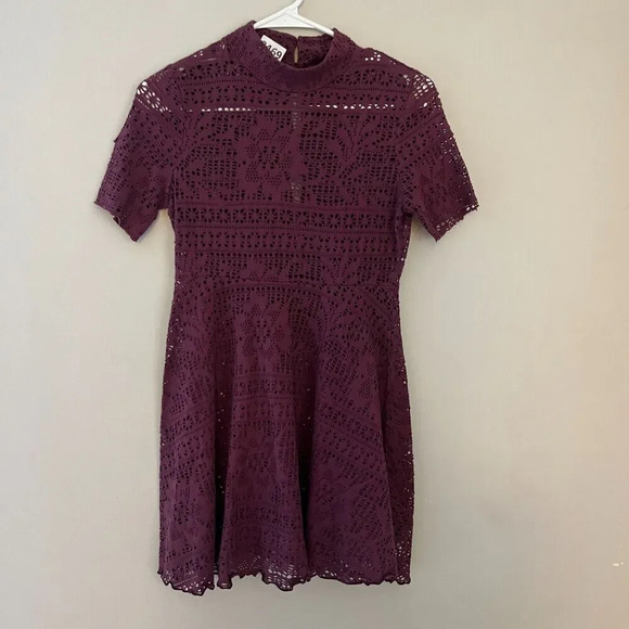 Free People Beach Women Purple A Line Dress S Short Sleeve Lace Floral Mock Neck - Picture 4 of 12